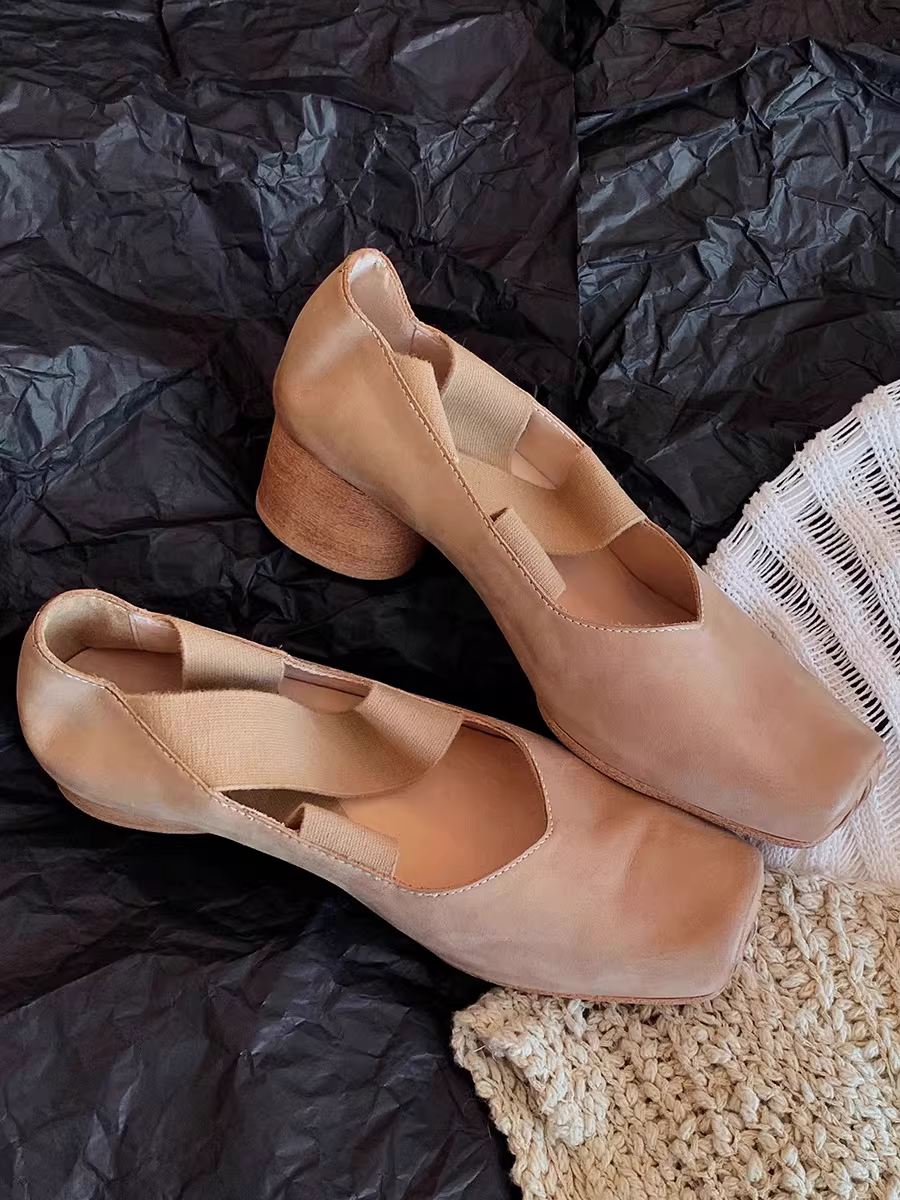 Phiên bản da bò ~ Giày ba lê mũi vuông dành cho nữ, giày bệt buộc dây cổ điển, trang phục múa ba lê cổ tích mặc ngoài trời, giày Mary Jane gót dày