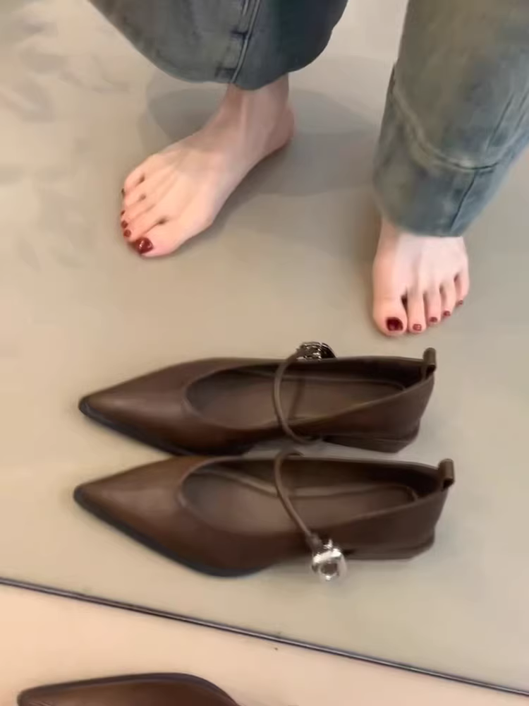 Phiên bản da cừu ~ Giày Mary Jane da thật mũi nhọn kiểu cổ điển dành cho nữ, kiểu dáng đa năng có quai đơn, gót vừa, miệng giày nông, giày đi làm thanh lịch.