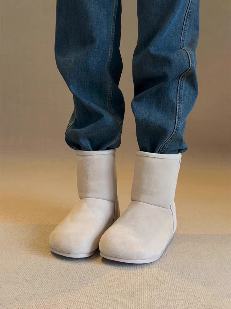 Phiên bản da bò ~ Giày bốt đi tuyết cổ điển bằng da thật mũi rộng dễ thương và độc đáo dành cho nữ, kiểu lười, đế bằng, lót lông cừu và bông dày.