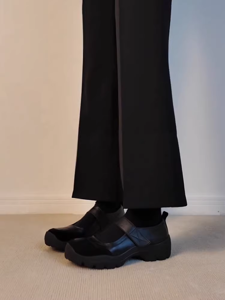 Phiên bản da cừu ~ Giày Mary Jane đi làm có khóa dán màu đen đa năng dành cho nữ, giày da thật đế dày kiểu cổ điển nông