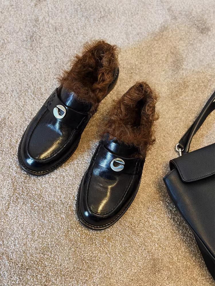 Phiên bản da cừu ~ giày lười da thật phong cách cổ điển sang trọng dành cho nữ, giày lông màu đen đa năng, giày da nhỏ, giày da thấp gót