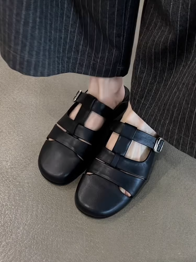 Phiên bản da cừu ~ Giày mules mũi kín bằng da thật thoáng khí, đế thấp kiểu Pháp dành cho nữ, đa năng cho mùa hè, thoải mái khi đi làm, dép mát.