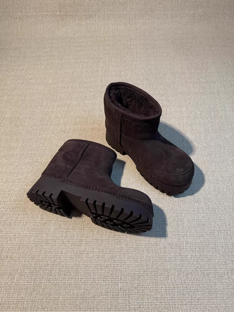 Phiên bản da bò ~ Giày bốt đi tuyết đế dày bằng da cừu cổ điển, da thật, đa năng, dễ thương và độc đáo, giày bốt cotton kiểu dáng dễ mang