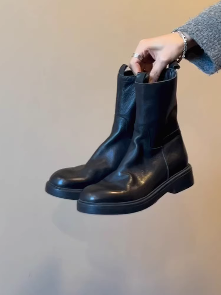 Phiên bản da bò ~ Giày bốt da thật đế dày đến giữa bắp chân được giặt lại dành cho nữ, phong cách Anh, mũi tròn đa năng, gót dày, giày bốt Martin có khóa kéo bên hông