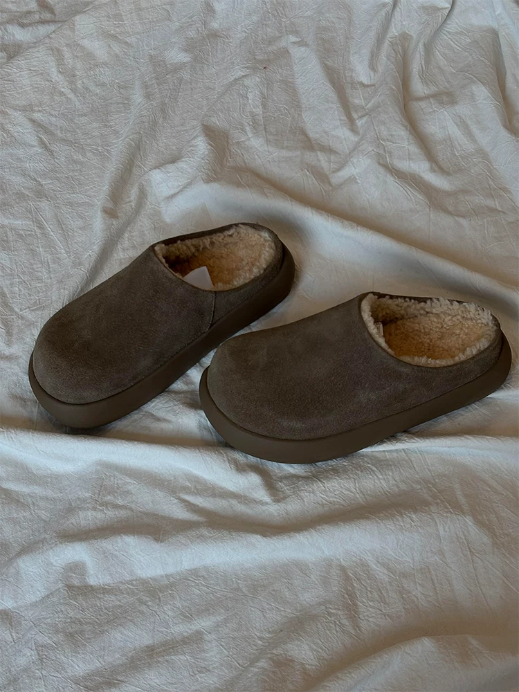 Phiên bản da cừu ~ dép nửa cổ điển dành cho nữ, giày lười đế bệt kiểu dáng giản dị, da lộn có lớp lót lông cừu, giày Birkenstock mùa thu đông