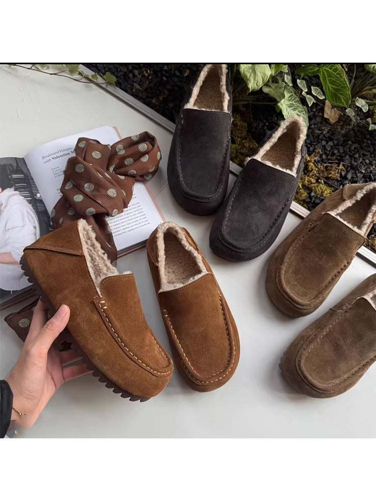 Phiên bản da cừu ~ Giày Birkenstock kiểu lười dành cho nữ, giày da lộn đế dày đơn giản, thích hợp cho mùa thu đông, giày cotton lót lông cừu ấm áp