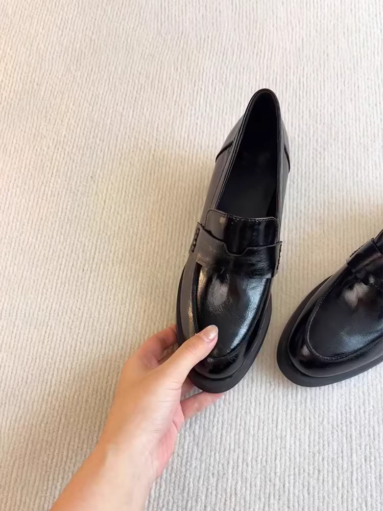 Phiên bản da cừu ~ giày lười da thật kiểu cổ điển đơn giản dành cho nữ, giày da nhỏ mũi tròn gót dày đa năng