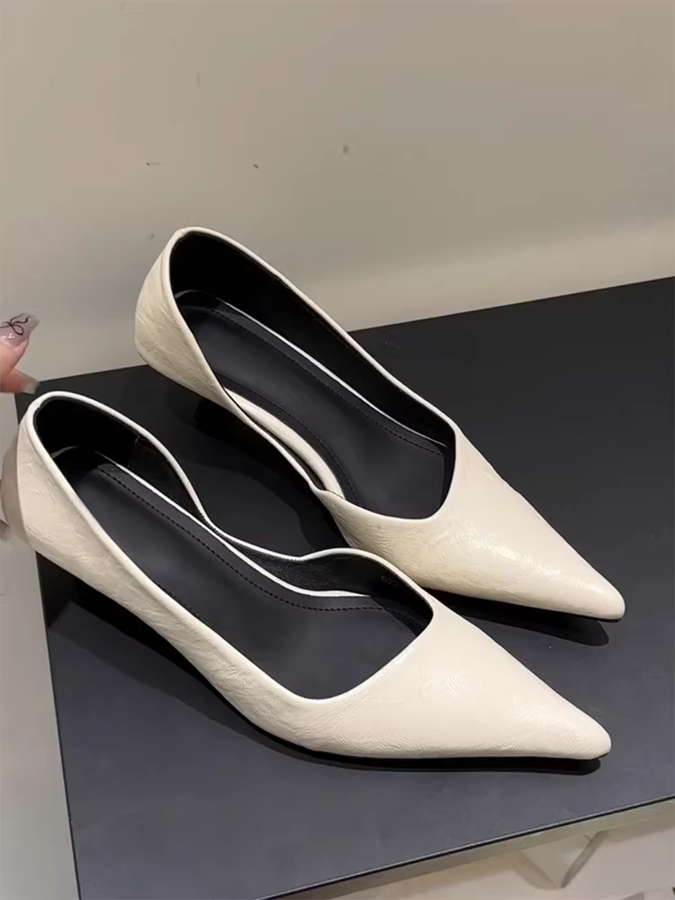 Phiên bản da cừu ~ Giày công sở đa năng phong cách Pháp đơn giản dành cho nữ, giày cao gót mũi nhọn bằng da thật có lỗ hổng bên hông