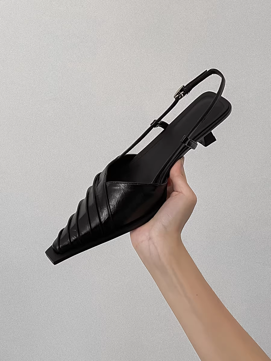 Phiên bản da cừu ~ Giày mũi nhọn có gót nhọn bằng da thật được làm thủ công bằng da thật dành cho nữ, mặc ngoài trời vào mùa hè, dép nửa gót hở lưng có gót thấp