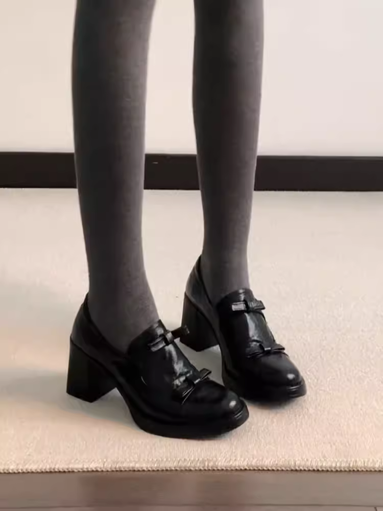 Phiên bản da bò~ Giày lười kiểu ba lê Anh Quốc dành cho nữ với kiểu dáng xẻ sâu, có nơ, da thật, giày cao gót, kiểu lười đi dễ dàng