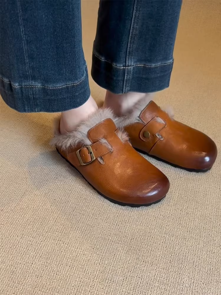 Phiên bản da bò ~ Giày lông có mũi kín kiểu cổ điển dành cho nữ, da thật đế bằng có lông cừu, giày Birkenstock đơn giản kiểu lười đi làm.