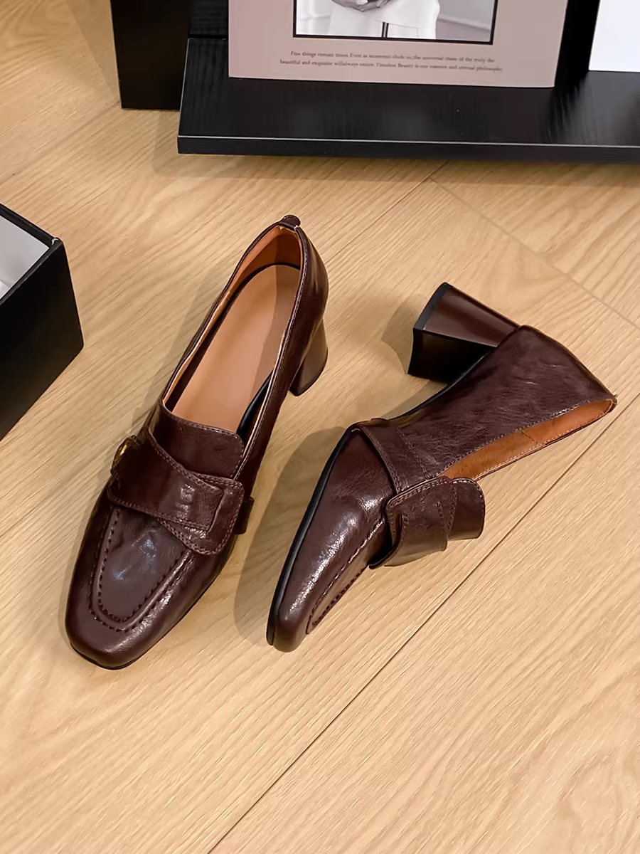Phiên bản da cừu ~ Giày da thật nữ đế dày phong cách retro kiểu Anh Giày da nhỏ cao gót mũi tròn hoa trà
