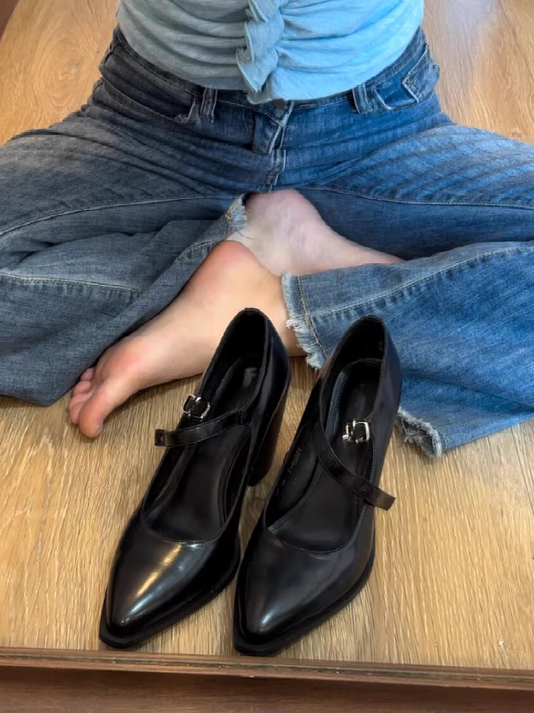 Phiên bản da cừu ~ Giày da cao gót Mary Jane màu đen thanh lịch kiểu Pháp dành cho nữ, giày da thật mũi nhọn quai đơn gót dày