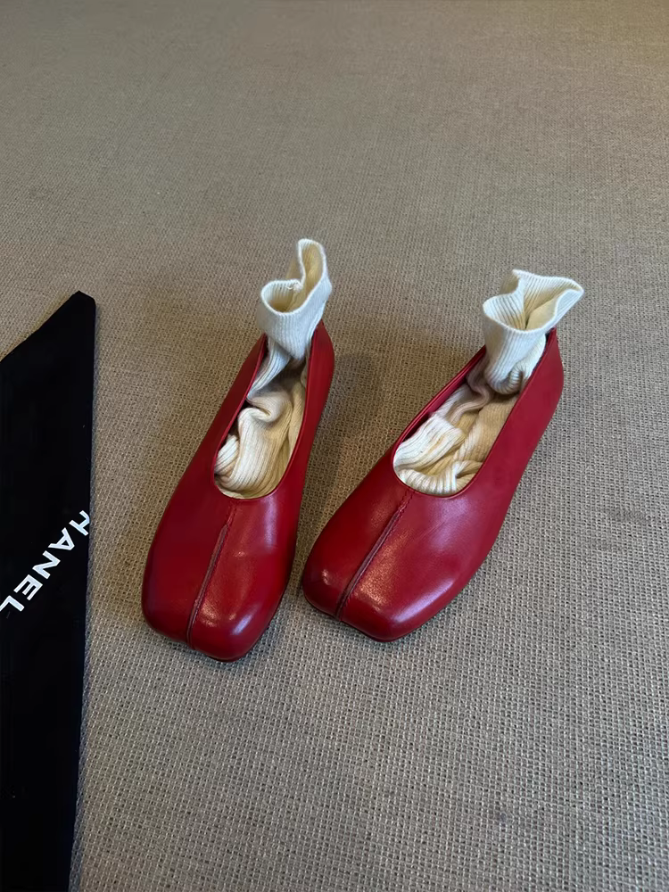 Phiên bản da cừu ~ Giày đơn giản kiểu retro dành cho nữ với thiết kế mũi vuông, giày ba lê đế bằng đa năng bằng da thật