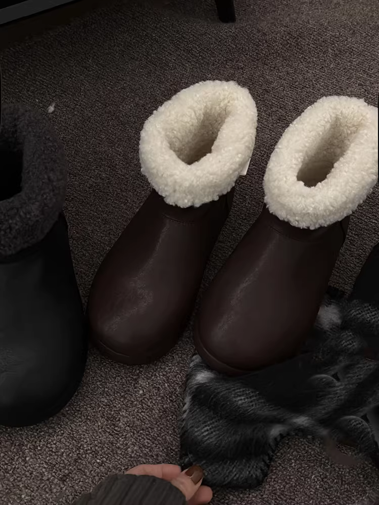 Phiên bản da bò ~ Giày bốt cotton đơn giản, giản dị, da thật cao cấp màu đen cổ điển dành cho nữ, giày bốt đi tuyết đế dày đa năng mũi tròn thời trang