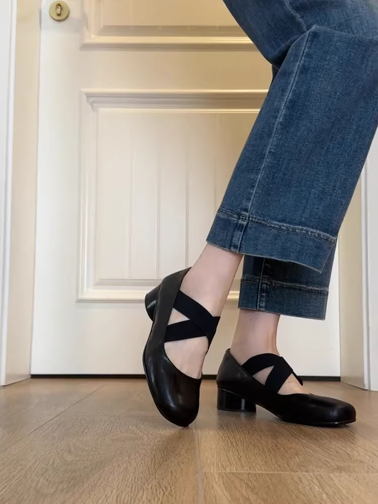 Phiên bản da cừu ~ Giày đi làm kiểu cổ điển kiểu Pháp có dây đeo chéo miệng nông mũi vuông kiểu dáng chunky gót giày ba lê da thật