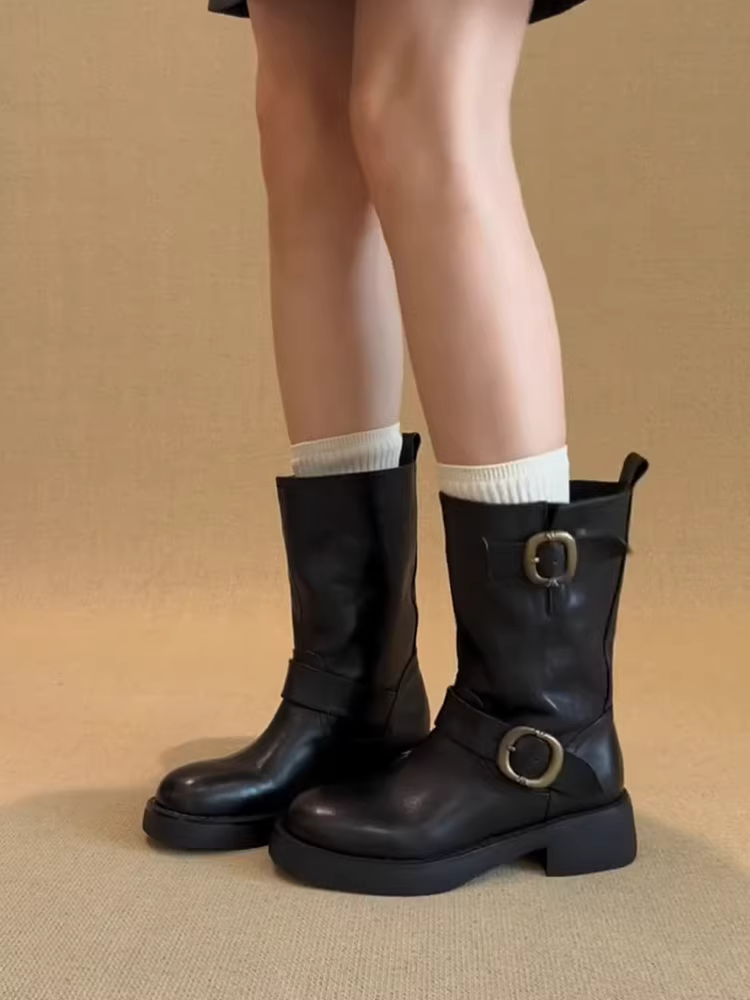 Phiên bản da bò ~ Giày bốt da thật màu đen đa năng dành cho nữ có khóa thắt lưng, giày bốt Martin đế dày kiểu đường phố cổ điển giúp thon gọn dáng người
