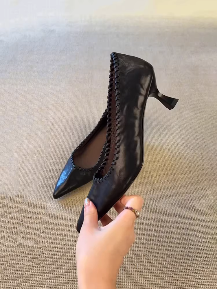 Phiên bản da cừu ~ Giày cao gót đi làm thanh lịch kiểu Pháp dành cho nữ, giày đơn bằng da thật dệt mũi nhọn kiểu dáng độc đáo