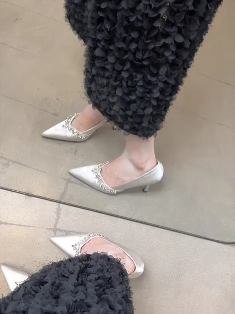 Phiên bản da cừu ~ Giày cao gót đính đá kiểu Pháp tuyệt đẹp dành cho nữ, giày da thật kiểu dáng nông dễ mang, phối hợp với váy, giày phù dâu.