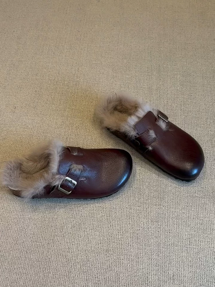 Phiên bản da cừu ~ Giày Birkenstock lười đi bằng lông thú dành cho nữ, phong cách cổ điển, lót lông cừu, dép nửa ấm áp, giày cotton đa năng.