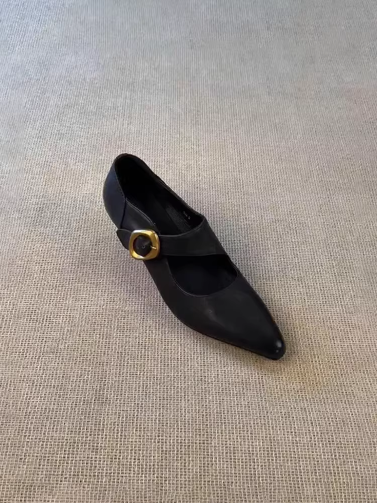 Phiên bản da cừu ~ Giày cao gót Mary Jane thanh lịch và độc đáo dành cho nữ, giày da thật mũi nhọn quai đơn kiểu cổ điển màu đen.