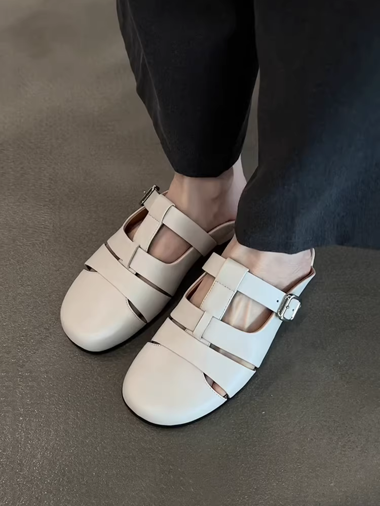 Phiên bản da cừu ~ Giày mules mũi kín bằng da thật thoáng khí, đế thấp kiểu Pháp dành cho nữ, đa năng cho mùa hè, thoải mái khi đi làm, dép mát.