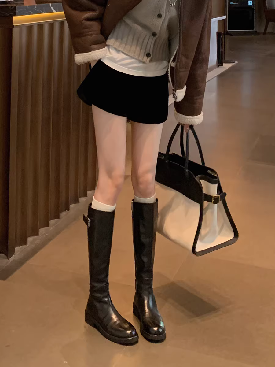 Da đã qua xử lý ~ da thật màu đen cổ điển bốt cao cổ đa năng tôn dáng gót dày bốt cưỡi ngựa bốt cao cổ nữ bốt cao cổ