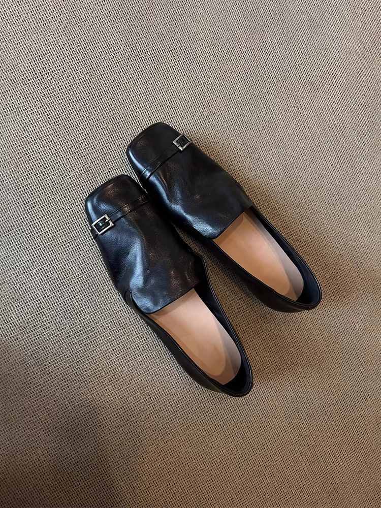 Phiên bản da cừu ~ Giày lười mũi vuông da thật phong cách cổ điển của Anh dành cho nữ, giày da đế bằng thiết kế độc đáo