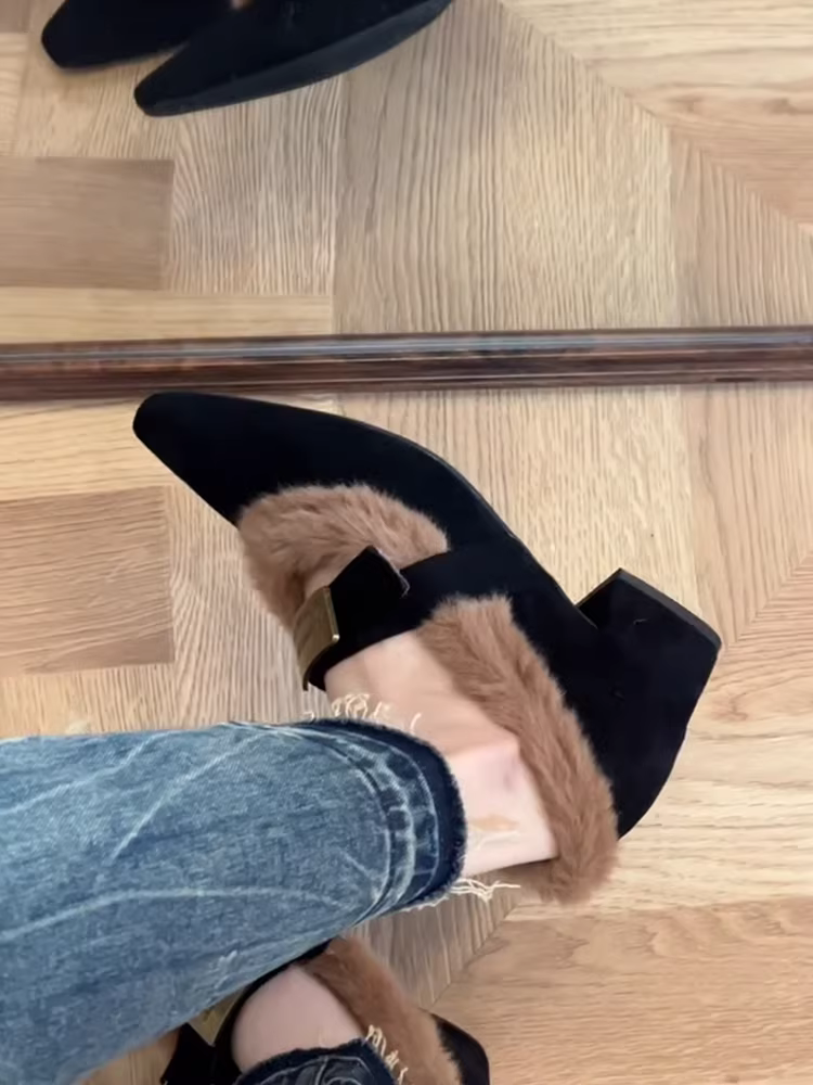 Phiên bản da cừu ~ Giày lười cổ điển dành cho nữ có lót lông thật, lông thỏ, lót lông mềm, giày đế dày ấm áp