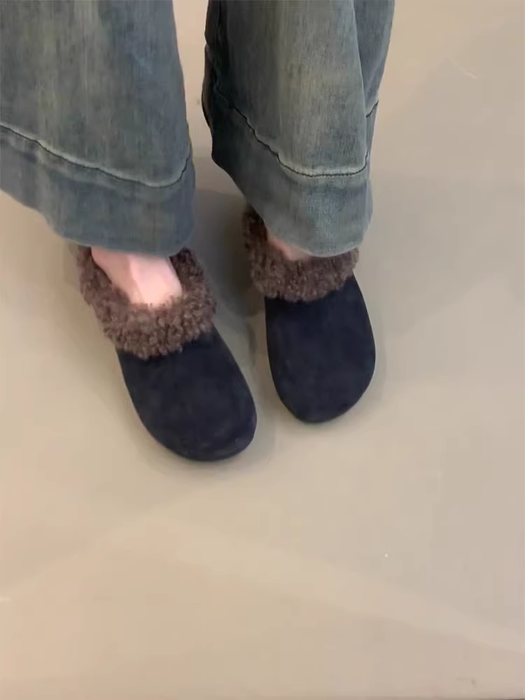 Phiên bản da cừu ~ Giày Birkenstock da lộn kiểu lười, đơn giản và đa năng dành cho nữ, giày cotton lót lông mềm kiểu retro, dễ mang