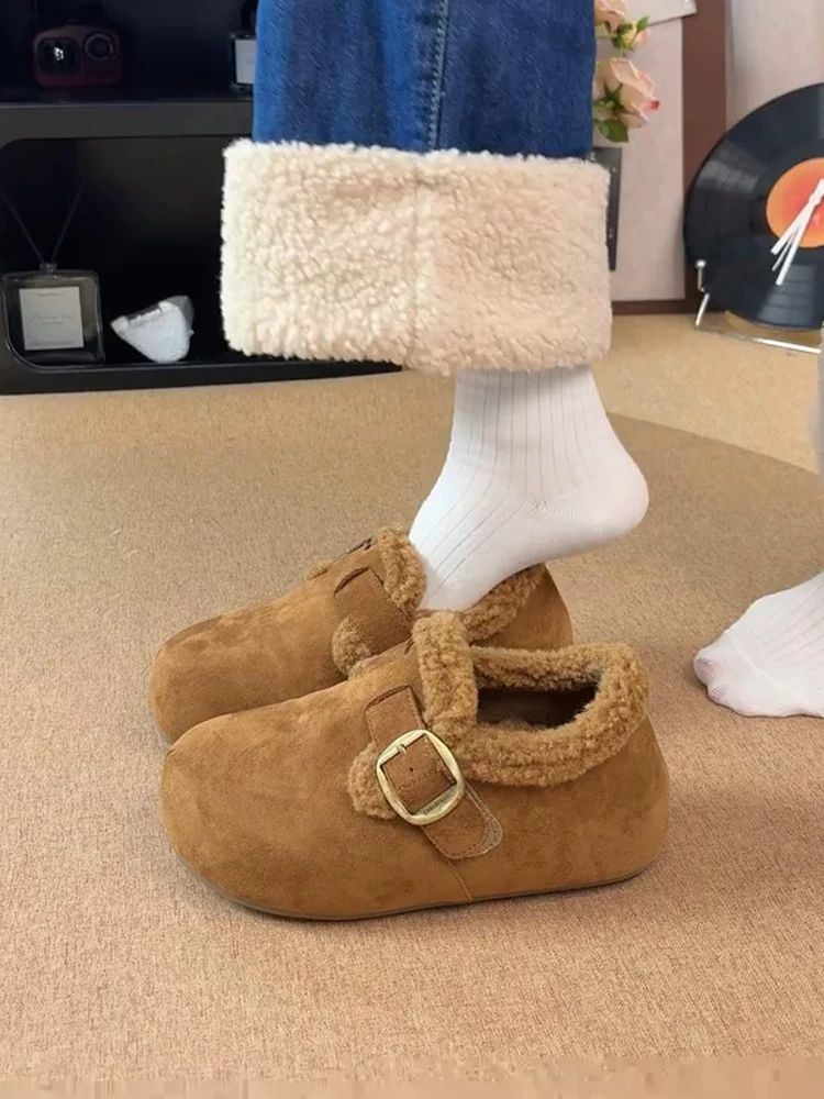 Phiên bản da cừu ~ Giày Birkenstock da lộn cổ điển dễ thương và độc đáo dành cho nữ với thiết kế tăng chiều cao ẩn, khóa thắt lưng, đế dày lót lông, giày cotton lót lông.