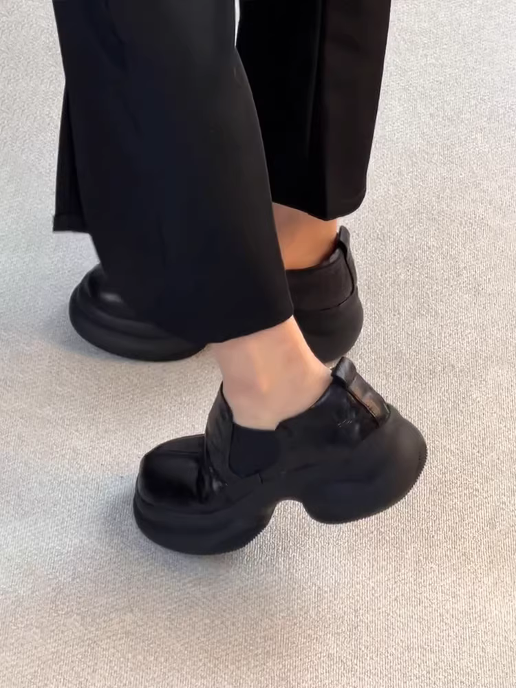 Phiên bản da cừu ~ Giày da cổ điển đế dày tăng chiều cao dành cho nữ, đế đế cao, giày lười cắt sâu, giày lười kiểu Anh