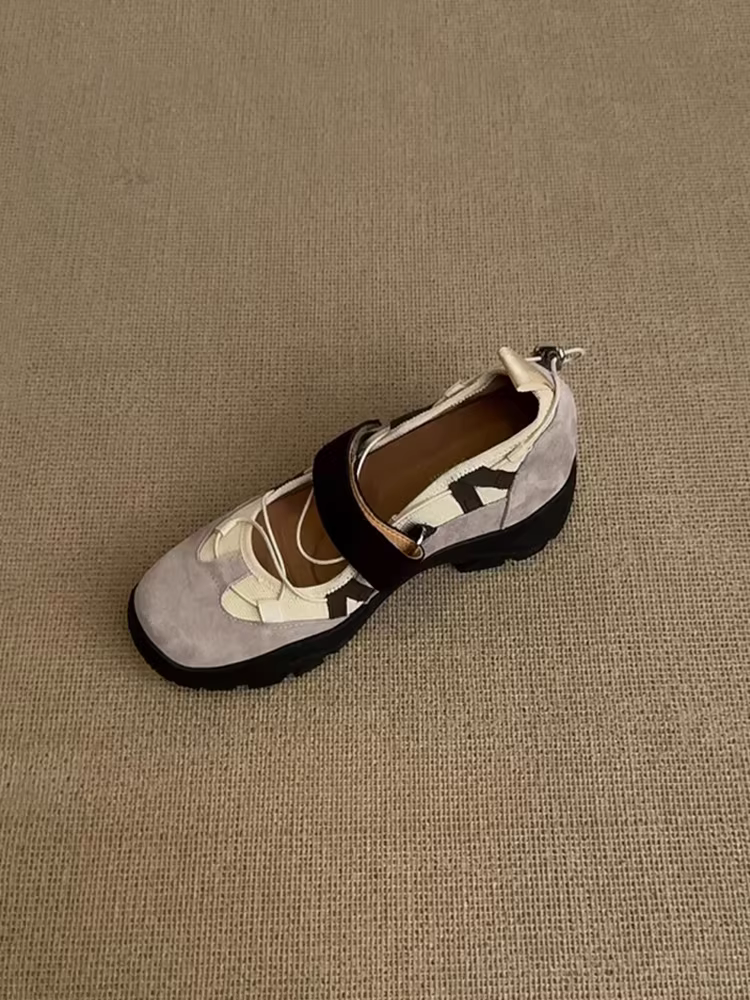 Phiên bản da cừu ~ Giày đi bộ thể thao đa năng dành cho nữ có khóa dán, giày Mary Jane nông bằng da lộn da thật, giày đơn đa năng.