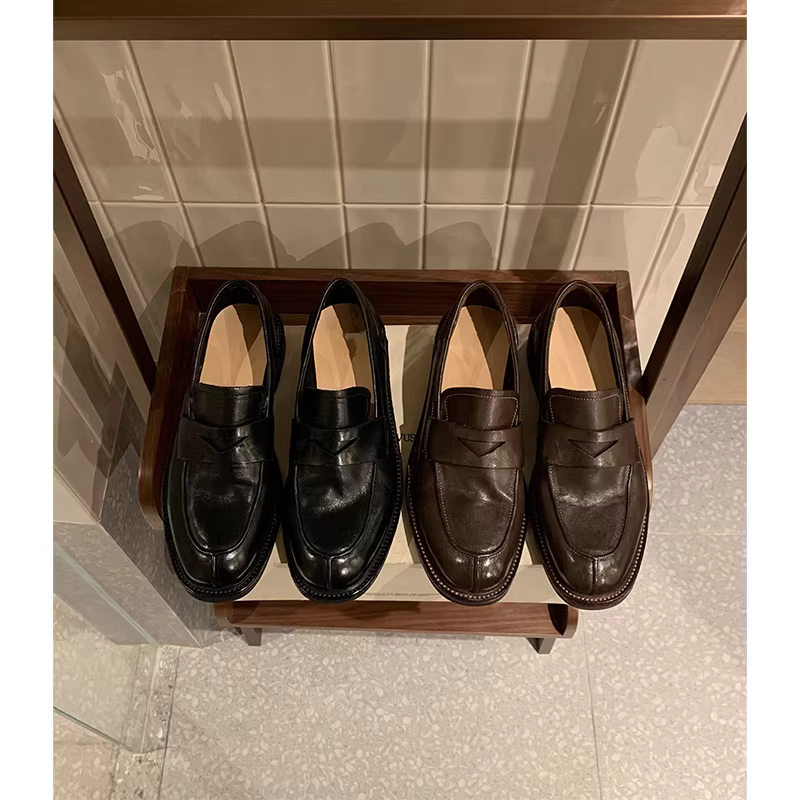 Giày da bò đã qua xử lý ~ kiểu Anh cổ điển, giày lười da thật đế dày, giày da nữ jk cỡ nhỏ