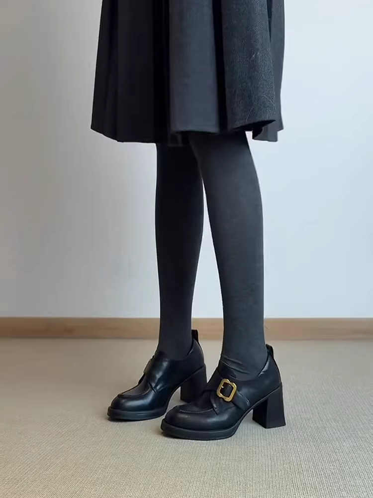 Phiên bản da cừu ~ Giày lười đế dày màu đen phong cách cổ điển của Anh dành cho nữ, giày da cao gót có khóa thắt lưng kiểu dáng cổ điển