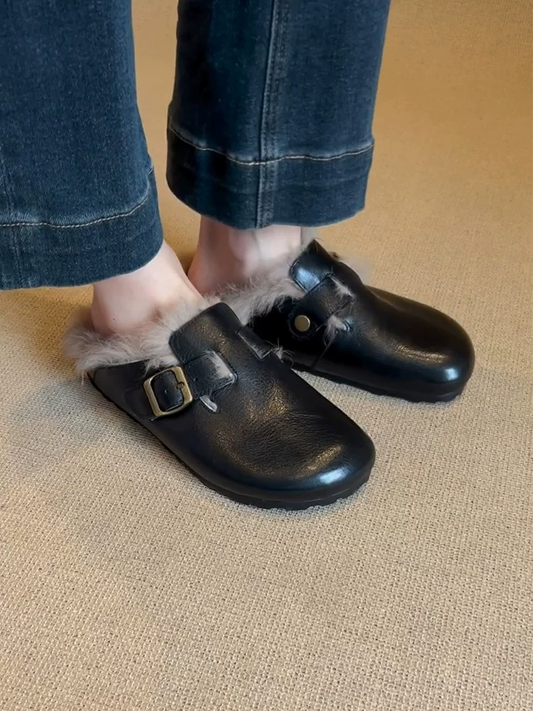 Phiên bản da cừu ~ Giày Birkenstock lười đi bằng lông thú dành cho nữ, phong cách cổ điển, lót lông cừu, dép nửa ấm áp, giày cotton đa năng.