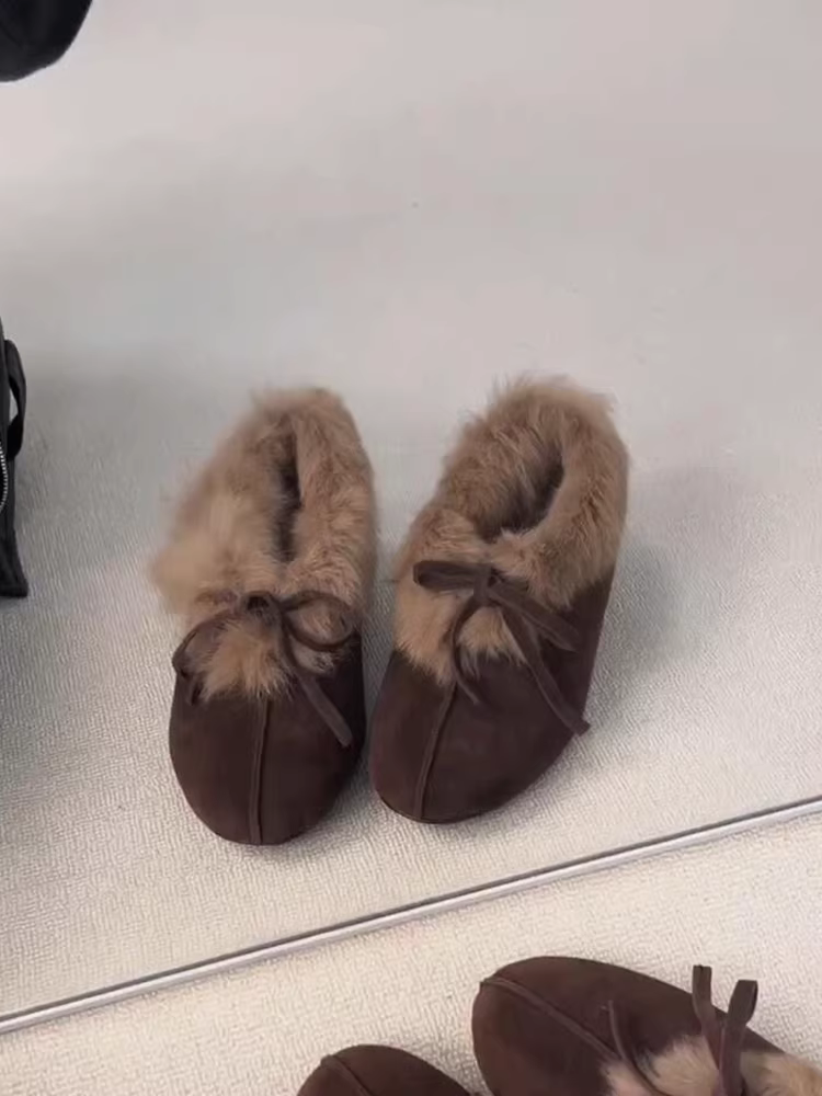 Phiên bản da cừu ~ Giày cotton kiểu dáng giản dị đa năng dành cho nữ, giày đế bằng bằng da lộn mũi tròn thắt nơ bằng len cừu