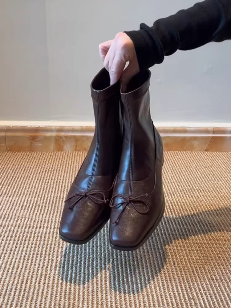 Phiên bản da bò ~ Giày bốt mũi vuông kiểu ba lê đơn giản theo phong cách Anh Quốc dành cho nữ có khóa kéo phía sau Giày bốt ngắn đi làm có gót thấp