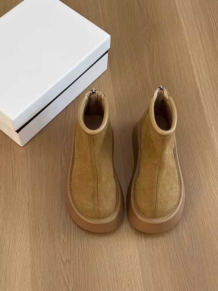 Giày lười đế dày tăng chiều cao cỡ nhỏ bằng da bò dành cho nữ, giày bốt Martin kiểu Anh cổ điển, bốt ngắn mũi tròn có khóa kéo phía sau.