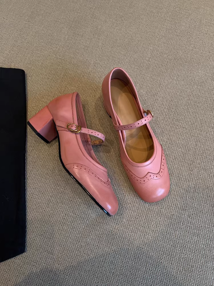 Phiên bản da cừu ~ Giày Mary Jane đế dày, quai đơn, kiểu dáng đa năng dành cho nữ, giày bệt da thật kiểu retro, mũi vuông, kiểu brogue