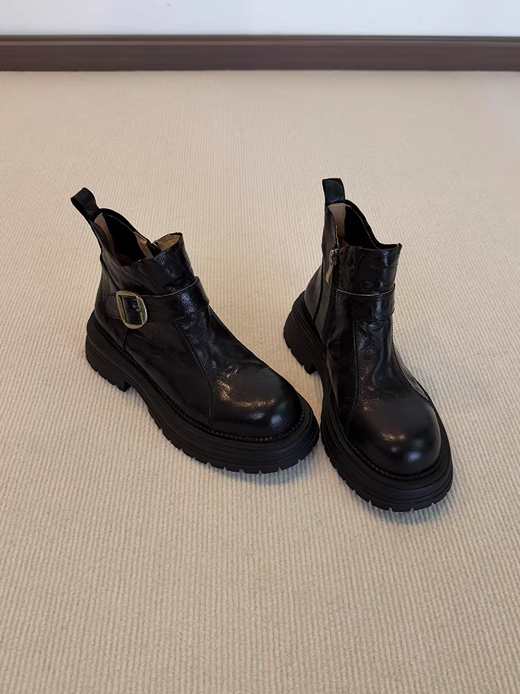 Phiên bản da cừu ~ Giày bốt cổ ngắn da lộn đa năng đế dày kiểu retro dành cho nữ có khóa thắt lưng và khóa kéo bên hông, giày bốt đi xe máy cao cấp dành cho người đi làm