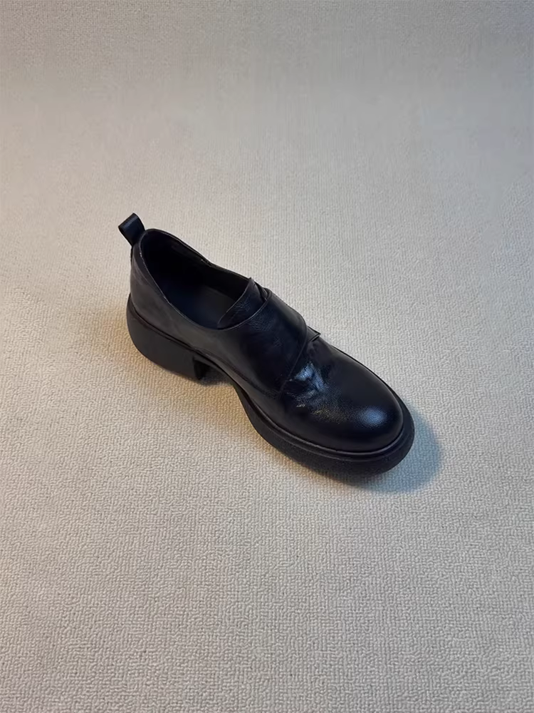 Phiên bản da cừu ~ Giày đế dày có khóa dán, giày da kiểu lười, đa năng khi đi làm, giày đế dày bằng da thật dành cho nữ