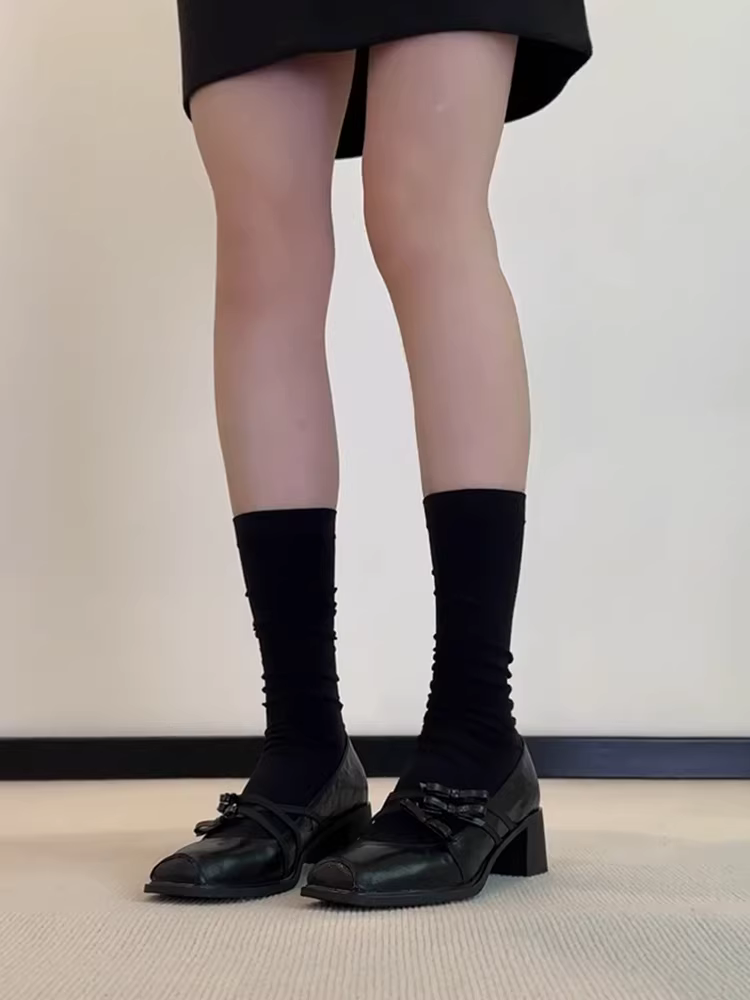 Phiên bản da cừu ~ Giày Mary Jane mũi vuông kiểu cổ điển Pháp, gót dày, dành cho nữ, quai đơn đa năng có nơ, giày da miệng nông.