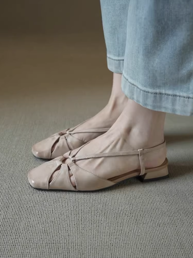 Phiên bản da cừu ~ Dép quai ngang hở lưng bằng da thật phong cách retro nghệ thuật dành cho nữ, mũi vuông, giày bít mũi gót thấp thanh lịch.
