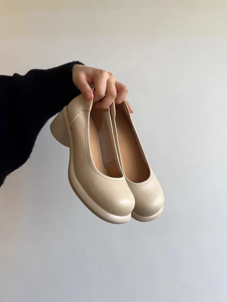 Phiên bản da cừu ~ Giày bà ngoại đế dày tăng chiều cao dành cho nữ, giày da thật đơn giản kiểu lười đi với gót dày, thoải mái và không gây mỏi, kiểu giày Mary Jane.