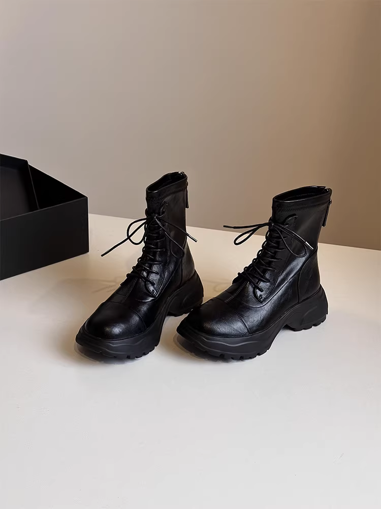 Phiên bản da bò~ Giày bốt Martin có khóa kéo phía sau kiểu Anh dành cho nữ, giày bốt ngắn có đế dày tăng chiều cao đi làm bằng da thật kiểu cổ điển co giãn