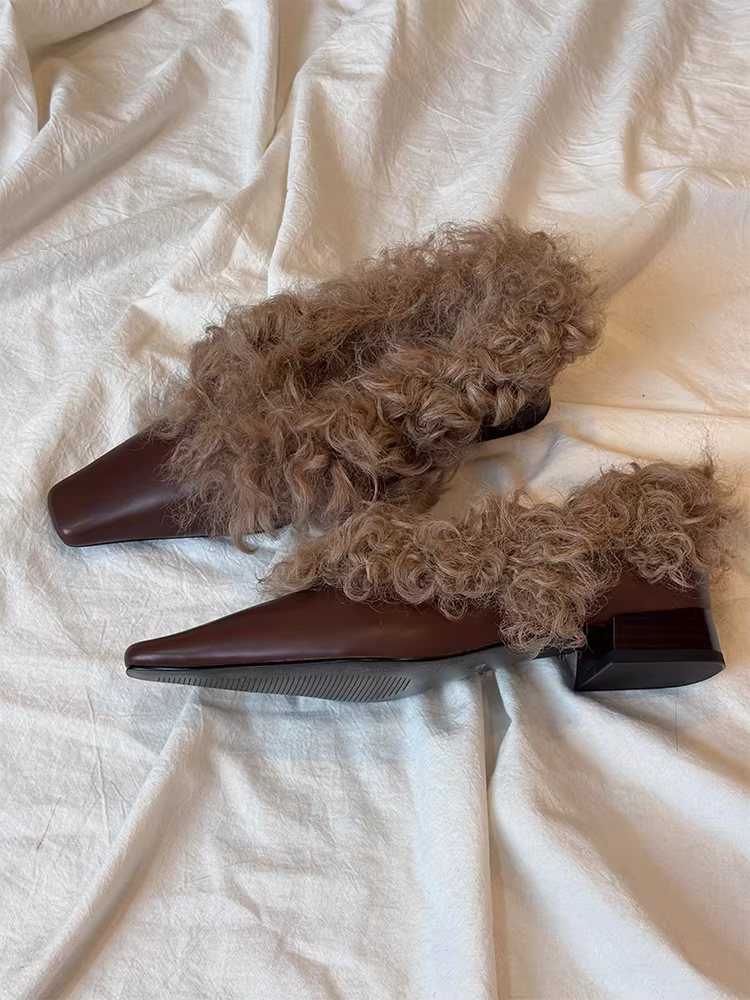 Phiên bản da cừu ~ Giày lông nông xoăn kiểu cổ điển dành cho nữ, giày cotton đế thấp mũi vuông giữ ấm mùa đông kiểu slip-on