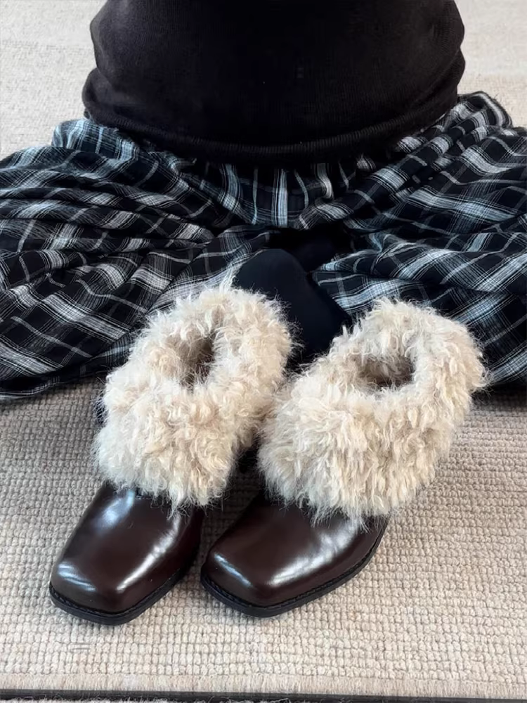 Phiên bản da bò ~ giày lông thú đa năng phong cách cổ điển giày lười da thật giày lười mùa đông ấm áp giày da nhỏ