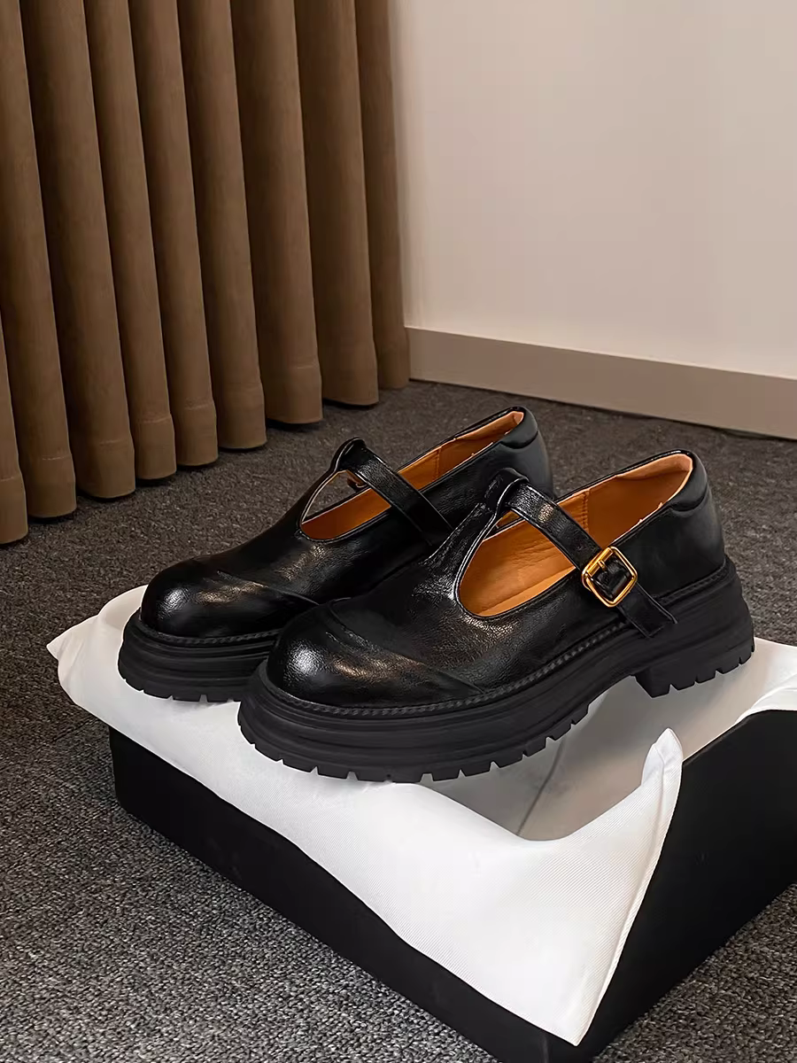 Phiên bản da cừu ~ giày da nhỏ kiểu cổ điển đơn giản có khóa chữ T, mũi tròn rỗng, giày lười đế dày bằng da thật