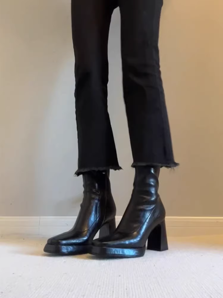 Phiên bản da bò~ Giày bốt ngắn da thật cao gót kiểu Pháp dành cho nữ có đế chống thấm nước, giày bốt Martin co giãn tăng chiều cao, mũi vuông, gót dày, bốt ôm sát.